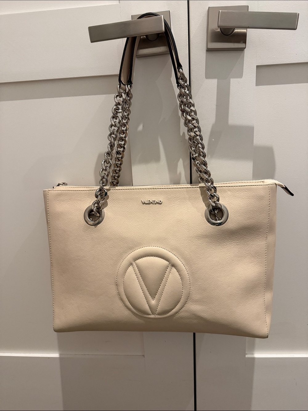 Valentino Ivory Leather Tote with Silver Chain Straps